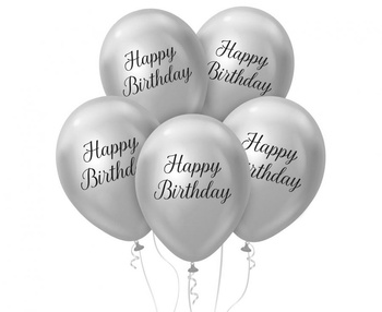 Balony Beauty&Charm Happy Birthday, platynowe srebrne, 12"/ 5 szt.