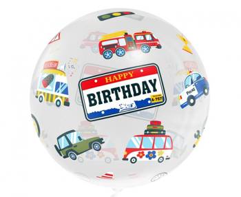Balon Aqua - kryształowy, Happy Birthday (pojazdy), 20"