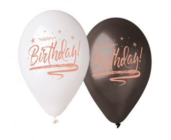 Balony Premium Hel "Happy Birthday", białe i czarne, 13"/ 5 szt.