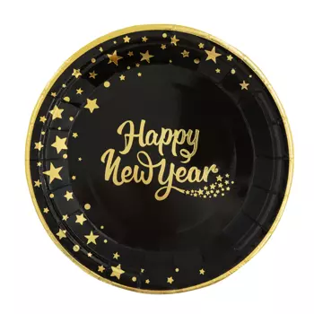 Talerzyk papierowy Happy New Year czarny 18 cm 6szt